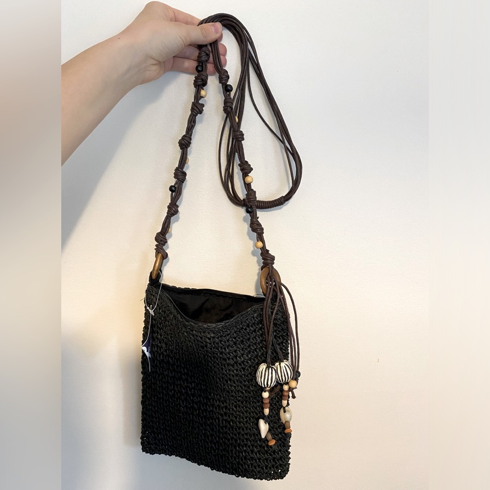 Anchor’s Away Beachy Boho Handwoven Black Crossbody Bag with Beaded Strap (BNWT)